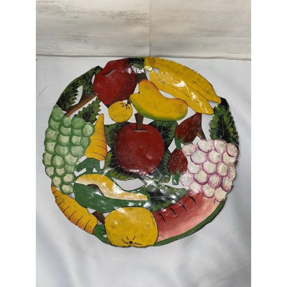 Vtg Handmade Toleware‎ Metal Fruit Plate Wall Plaque 10